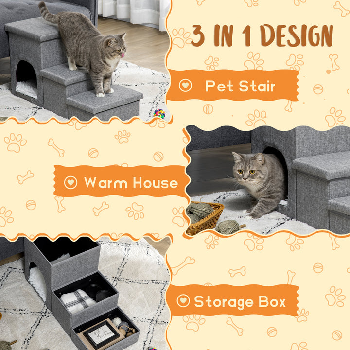 PawHut Dog Steps 3-step Pet Stairs with Kitten House and 2 Storage Boxes, 3 in 1 Dog Ramp for Sofa with Washable Plush Cushion