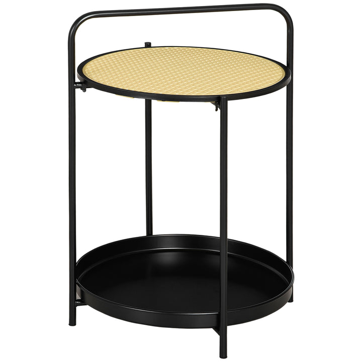 Round Side Table with Detachable Tray and Plastic Rattan Shelf, End Table with Steel Frame, Black