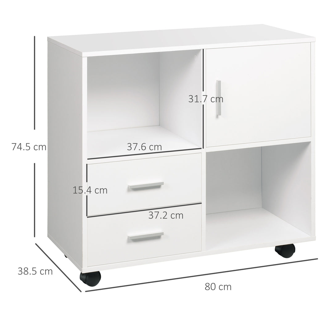 Vinsetto Printer Stand with Wheels, Mobile Printer Table with Open Shelves, Drawers and Enclosed Compartment for Home Office, White
