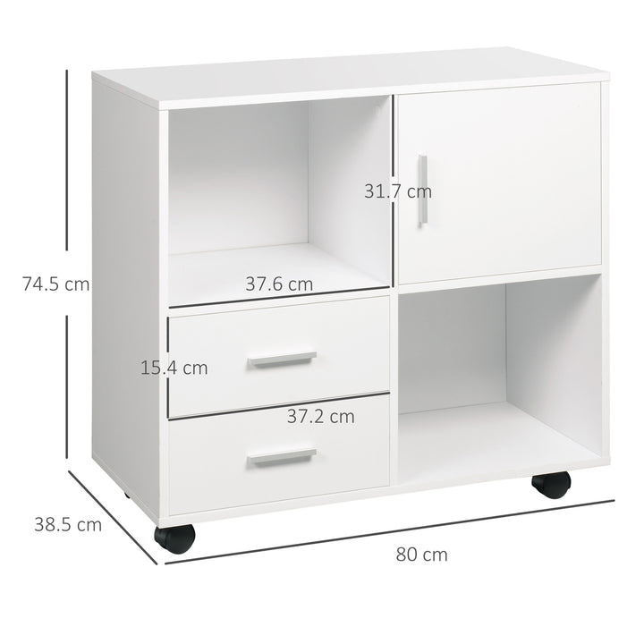 Vinsetto Printer Stand with Wheels, Mobile Printer Table with Open Shelves, Drawers and Enclosed Compartment for Home Office, White