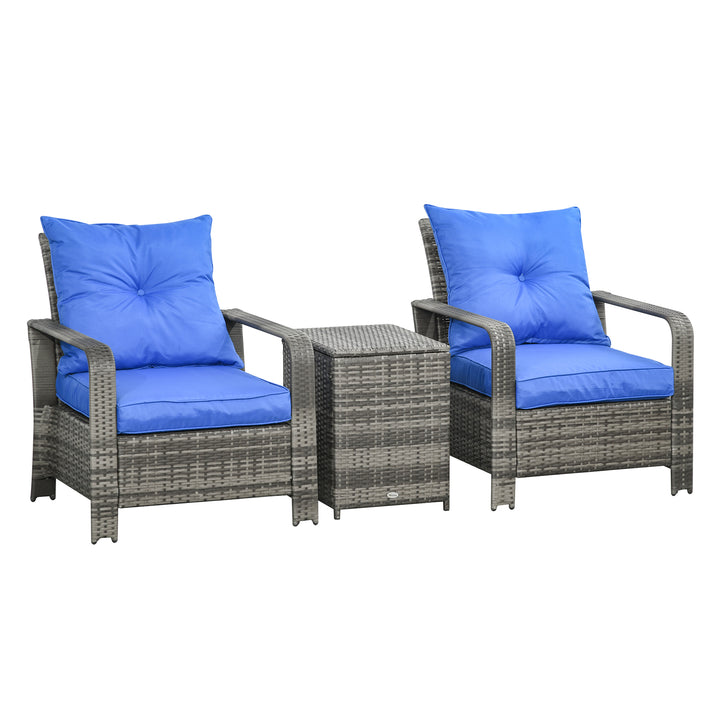 3 pcs PE Rattan Wicker Garden Furniture Patio Bistro Set Weave Conservatory Sofa Storage Table and Chairs Set Blue Cushion Grey Wicker