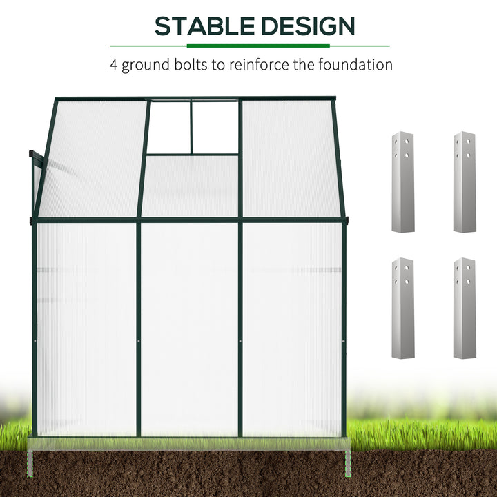 Outsunny Walk-In Lean to Greenhouse Garden Heavy Duty Aluminium Polycarbonate with Roof Vent for Plants Herbs Vegetables, Green, 192 x 127 x 220 cm