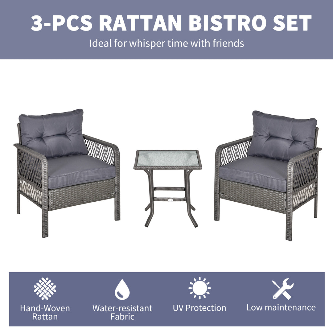 Outsunny 2 Seater Patio PE Rattan Bistro Set, Outdoor Wicker Coffee Table Armrest Chairs Conversation Furniture w/ Cushion, Grey