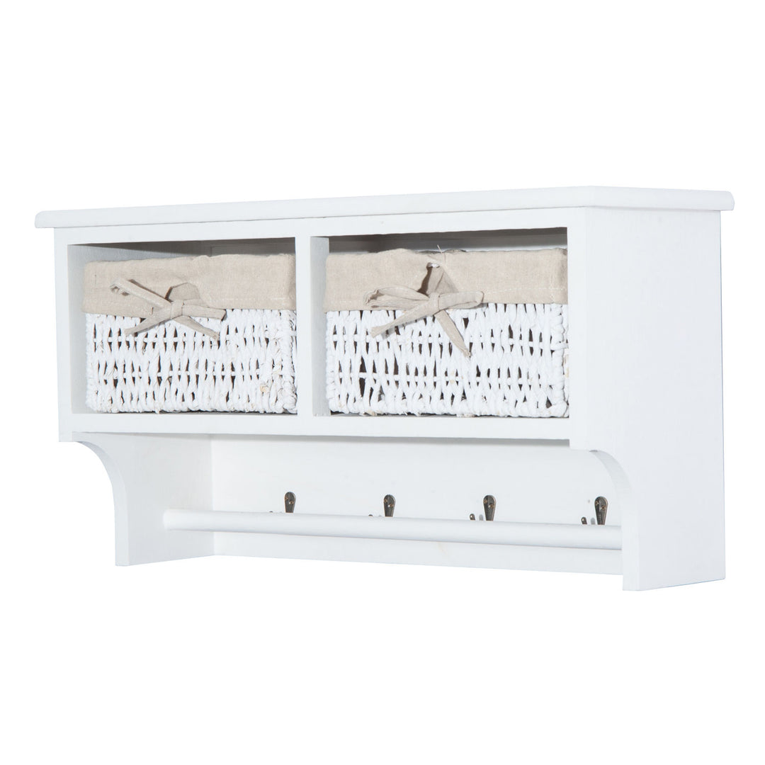 Entryway Coat Rack Wall Mounted Shelf w/Wicker Basket and Hooks (2 Baskets, White)