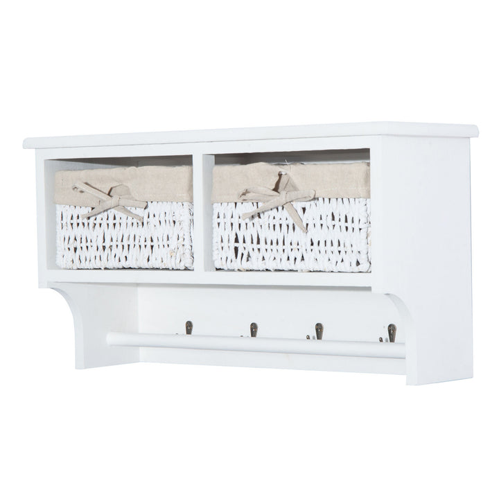 Entryway Coat Rack Wall Mounted Shelf w/Wicker Basket and Hooks (2 Baskets, White)