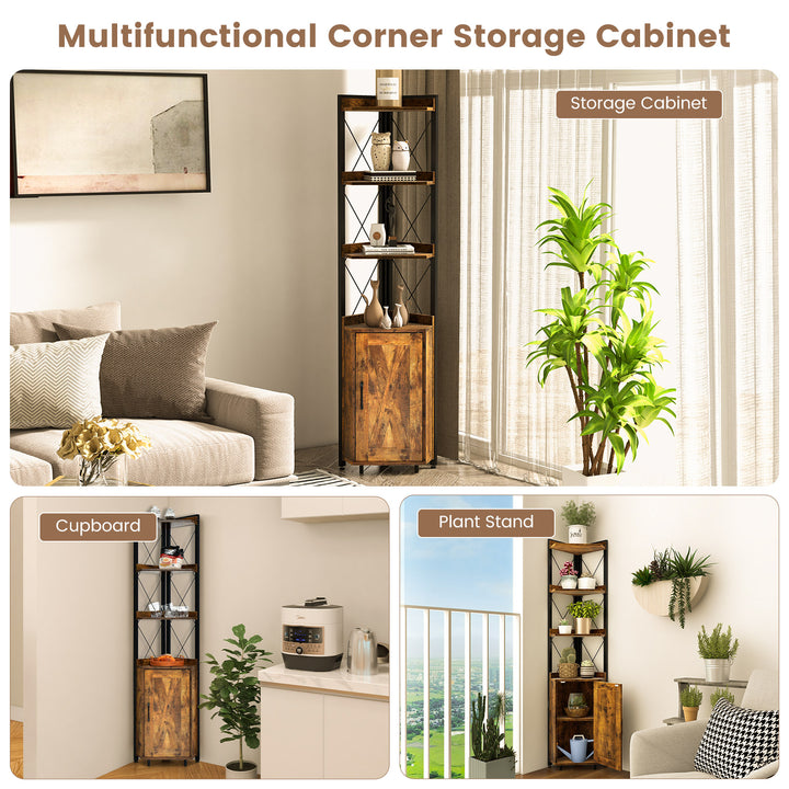 6-Tier Industrial Corner Storage Shelf with Adjustable Shelf-Rustic Brown