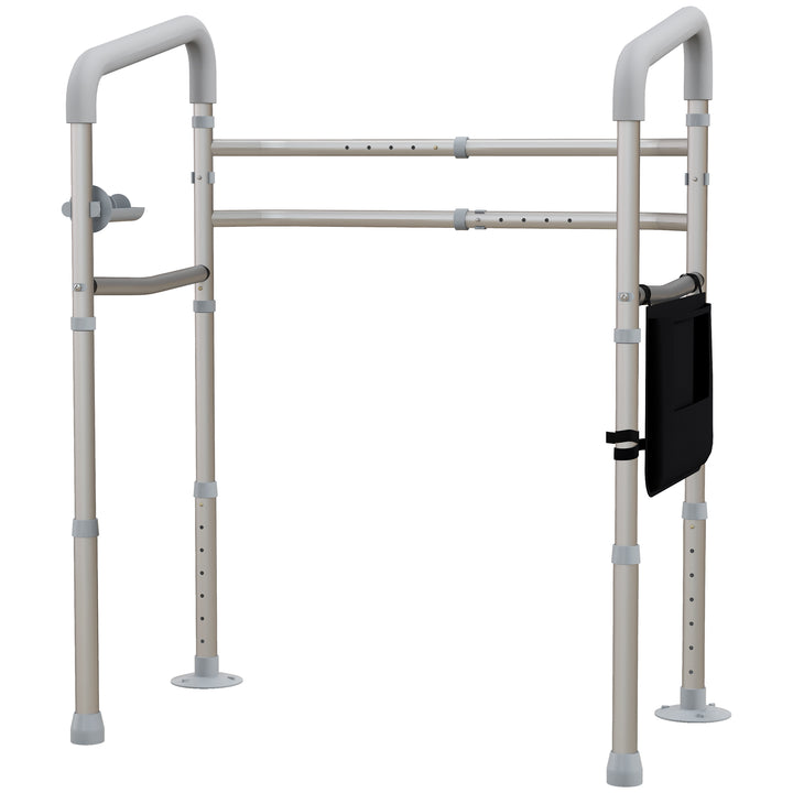 Free Standing Toilet Frame, Height and Width Adjustable Toilet Safety Frame with Arms, 2 Additional Suction Cups, Storage for Elderly, Senior, Disabled, Handrail Grab Bar, 136kg Weight Capacity