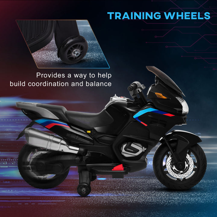 Kids Electric Motorbike, with Training Wheels, Lights, Music, for Ages 3-8 Years - Black