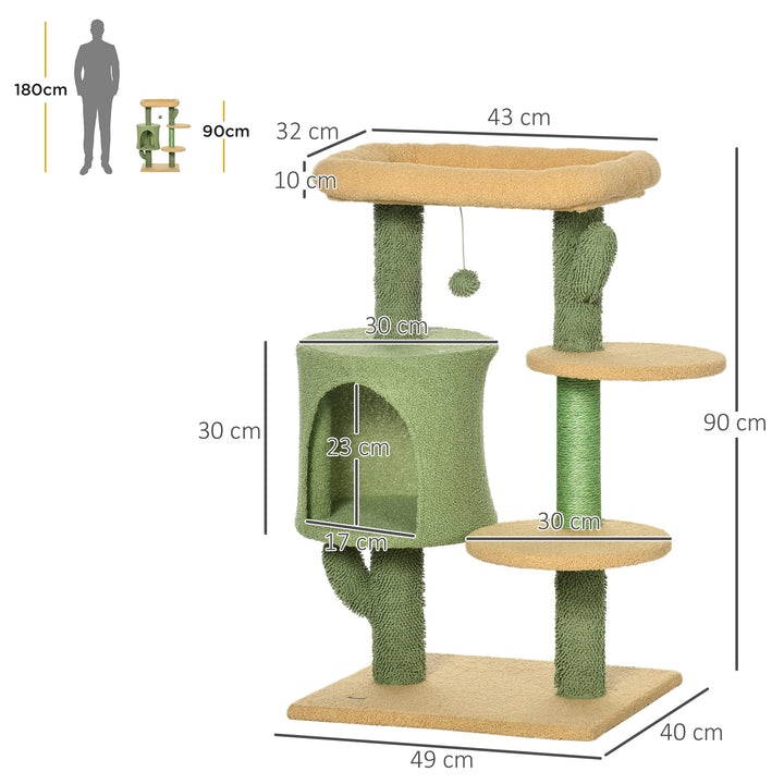 PawHut Cactus Cat Tree, 90cm Cat Climbing Tower, kitten Activity Centre with Teddy Fleece House, Bed, Sisal Scratching Posts and Hanging Ball, Green