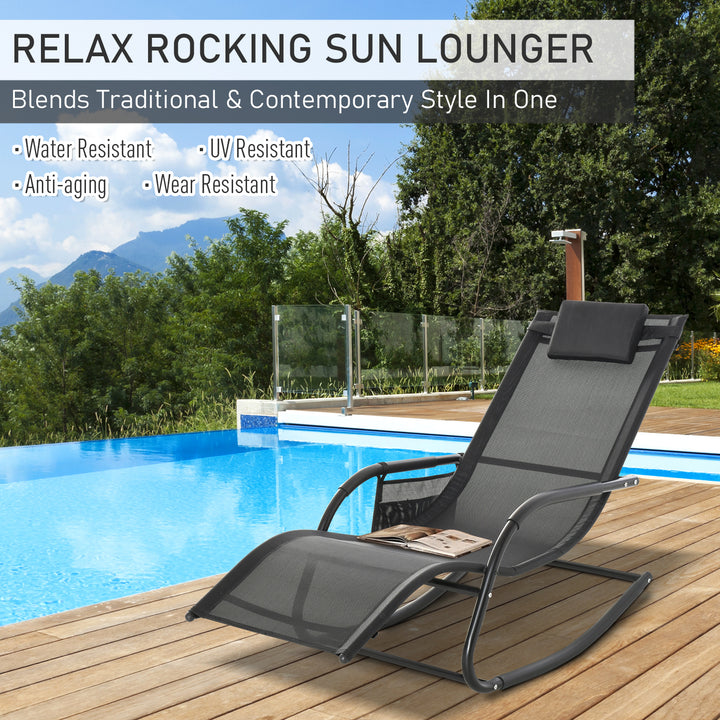 Breathable Mesh Rocking Chair Patio Rocker Lounge for Indoor &amp; Outdoor Recliner Seat w/ Removable Headrest for Garden and Patio Black