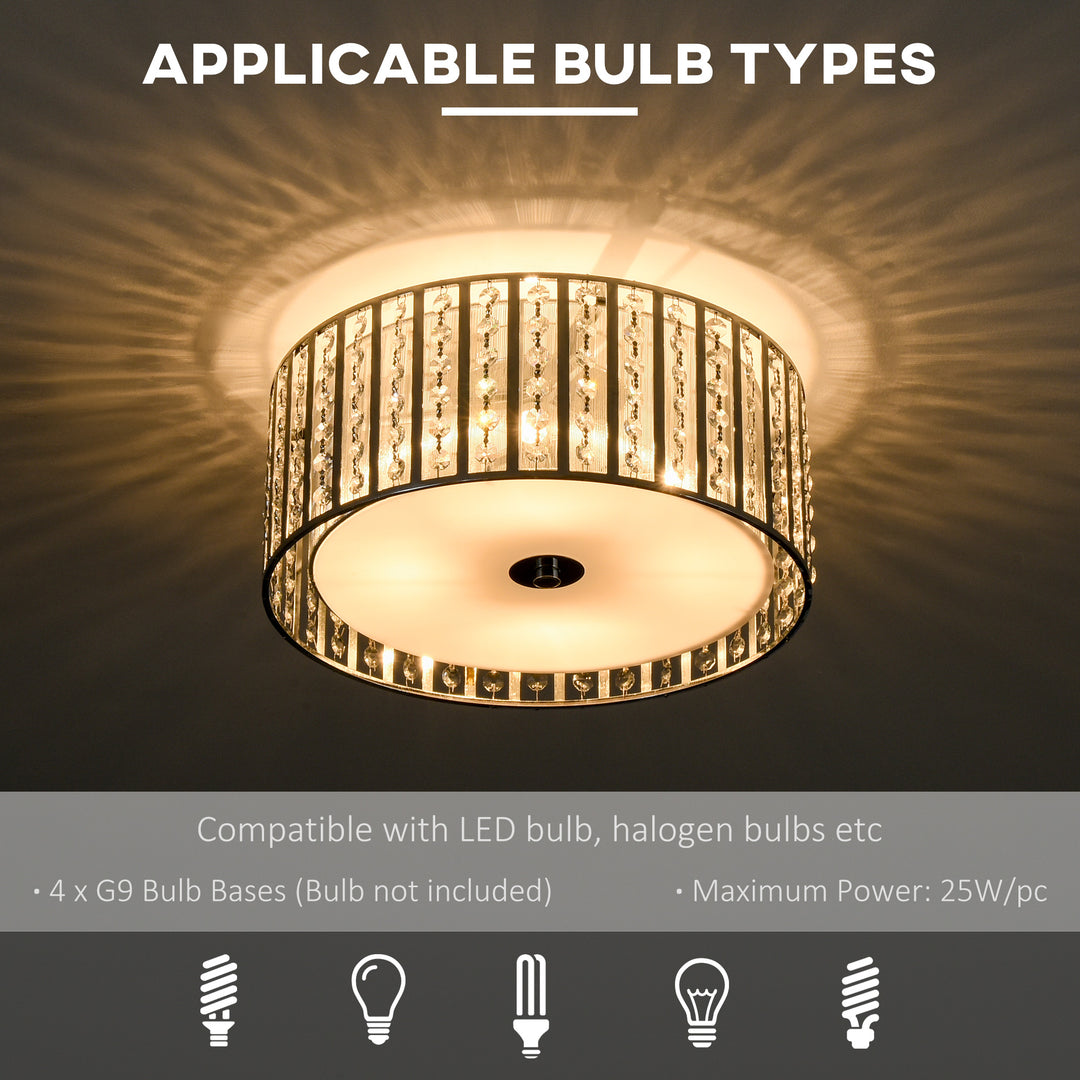 Modern K9 Crystal Chandelier Ceiling Light with Double Layer Lampshade, Round Pendant Light for Living Room, 4 G9 Bulbs Required, Φ35 cm