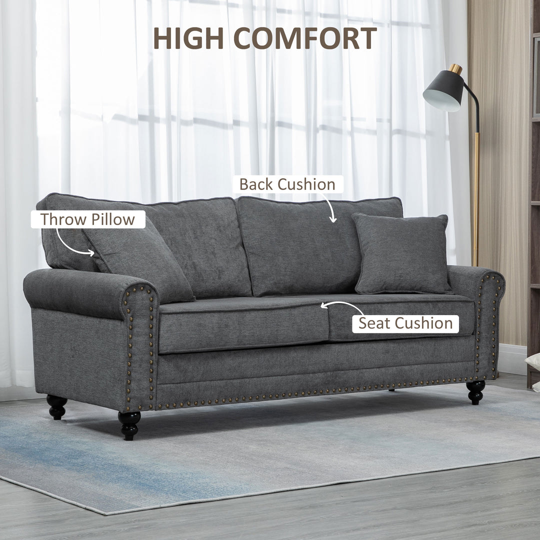 HOMCOM 2 Seater Sofas for Living Room, Fabric Sofa with Nailhead Trim, Loveseat with Cushions and Throw Pillows, Grey