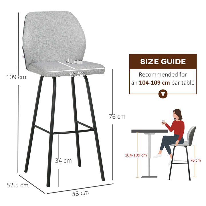 Bar Stools Set of 2, Linen-Touch Upholstered Bar Chairs, Kitchen Stools with Backs and Steel Legs, Light Grey