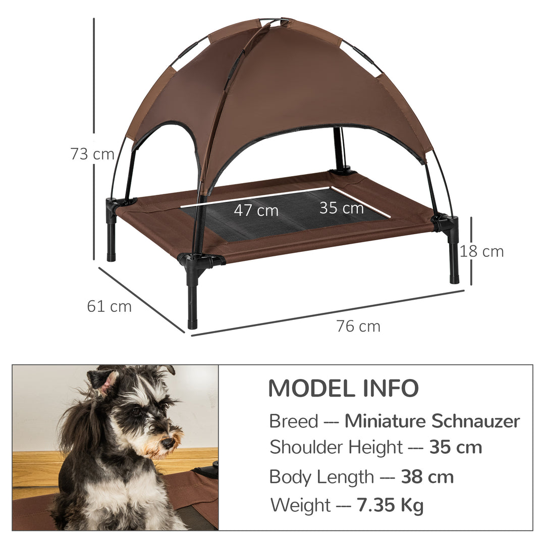 PawHut Raised Dog Bed Waterproof Elevated Pet Cot with Breathable Mesh UV Protection Canopy Coffee, for Medium Dogs, 76 x 61 x 73cm