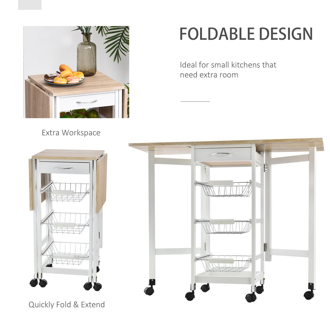 Drop-Leaf Kitchen Trolley w/ 3 Baskets Drawer Surface Top 6 Wheels Rolling Storage Unit Kitchen Home Dining Cart White Oak Tone