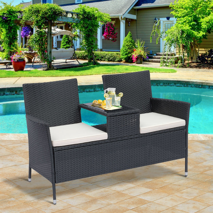 2 Seater Rattan Campanion Chair Wicker Loveseat Outdoor Patio Armchair with Drink Table Garden Furniture - Black