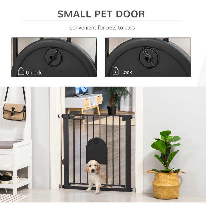 75-82 cm Pet Safety Gate Barrier, Stair Pressure Fit, w/ Small Door, Auto Close, Double Locking, for Doorways, Hallways, Black