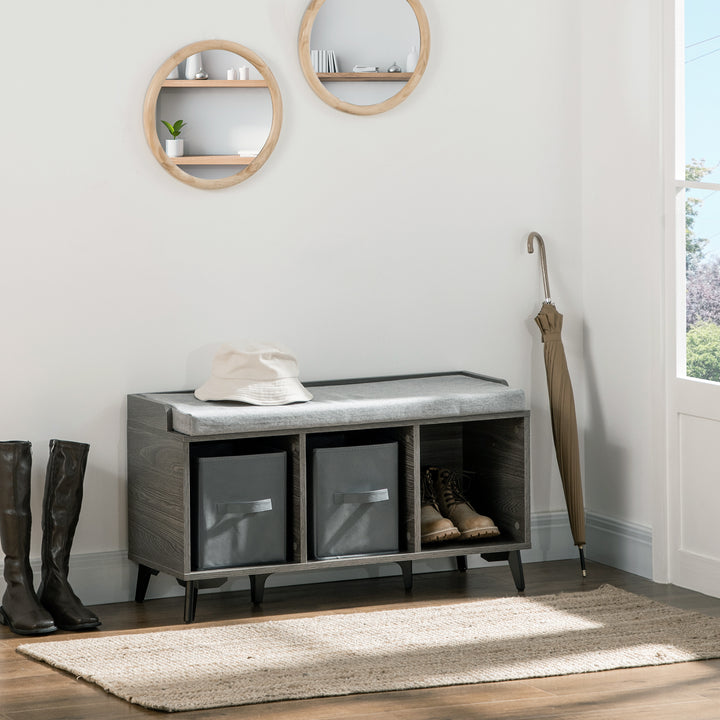 HOMCOM Upholstered Shoe Bench with Storage, Shoe Rack with Seating Cushion, 3 Open Compartments and 2 Fabric Drawers for Entryway, Grey