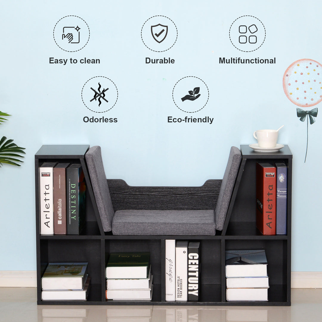 Bookcase Shelf Storage Seat with Cushion Sideboard Kids Reading Bedroom Living Room Organizer Black