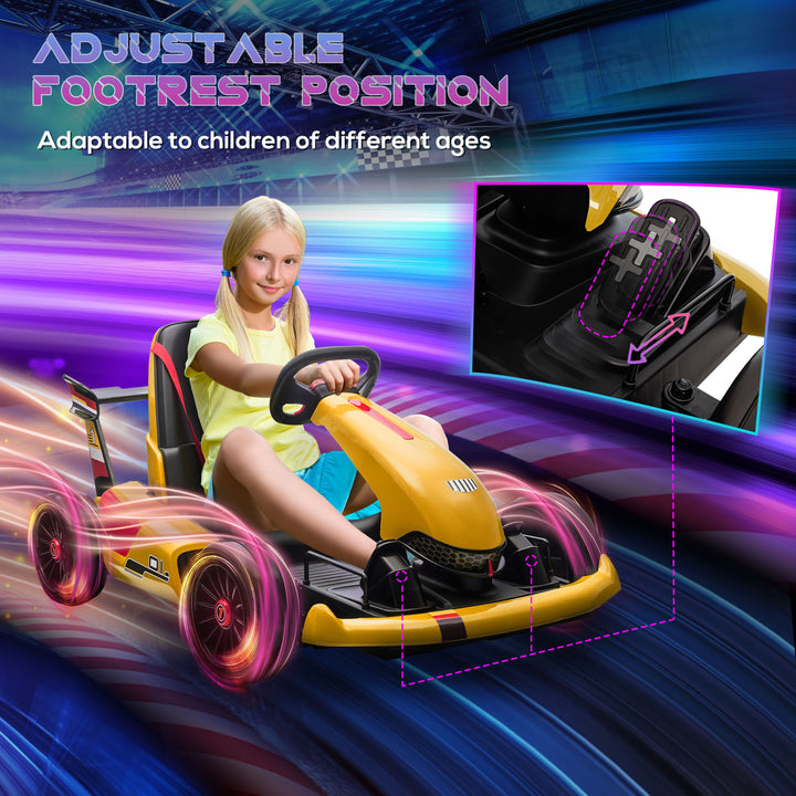 Electric Go Kart with Adjustable Footrest, Reversing Steering Wheel, Kids Ride-On Racing Go Kart with 12V Rechargeable Battery 2 Speeds Yellow