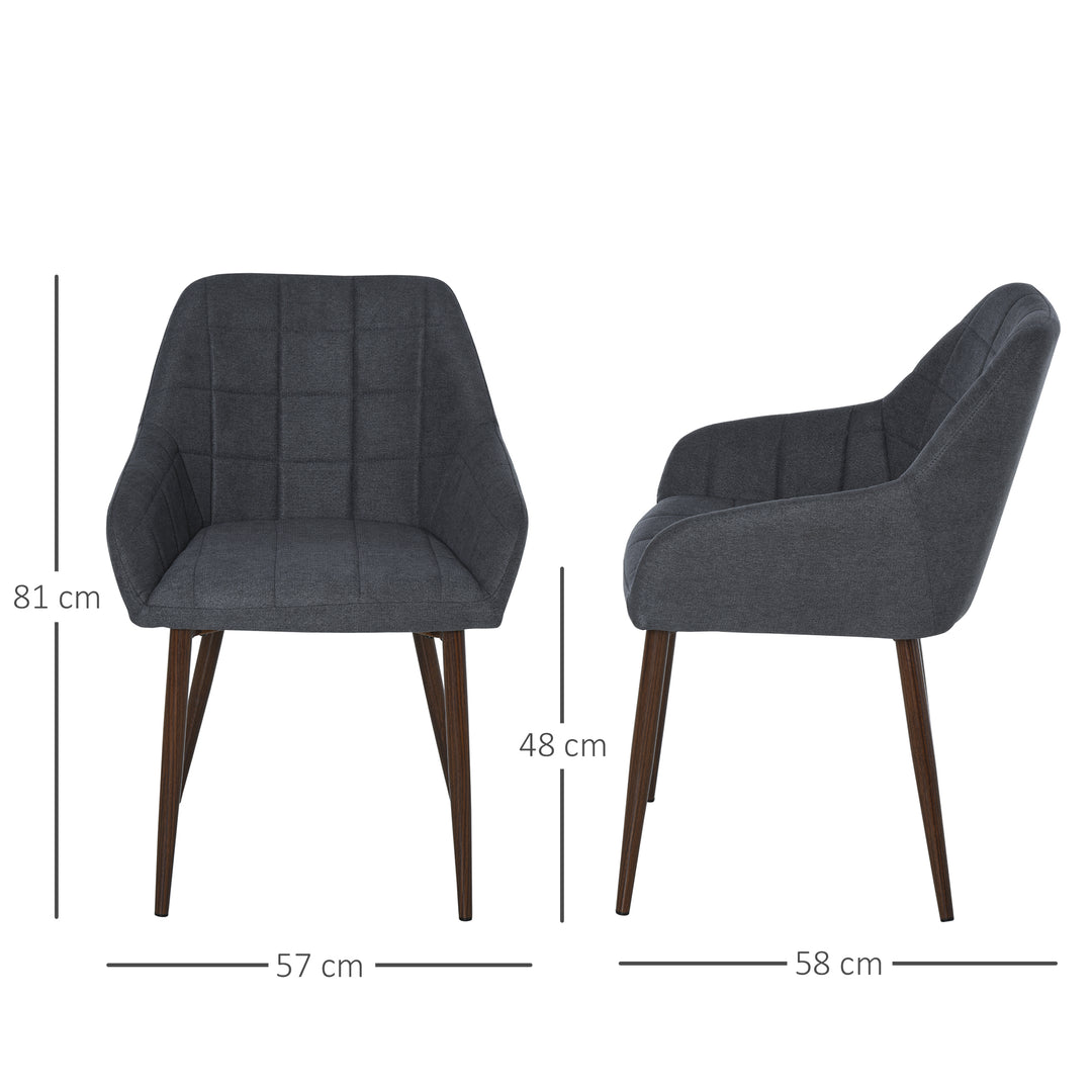 2 Pieces Linen-Touch Fabric Dining Chair with Grid Pattern Cushion and Backrest, Mid Back Leisure Chair with Steel Leg, Sponge Padded Armchair for Dining Room