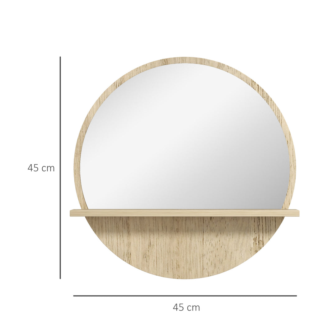 kleankin 45cm Wall Mounted Bathroom Mirror, Round Mirror with Shelf, Framed Makeup Mirror for Home Decoration, Natural Wood Effect