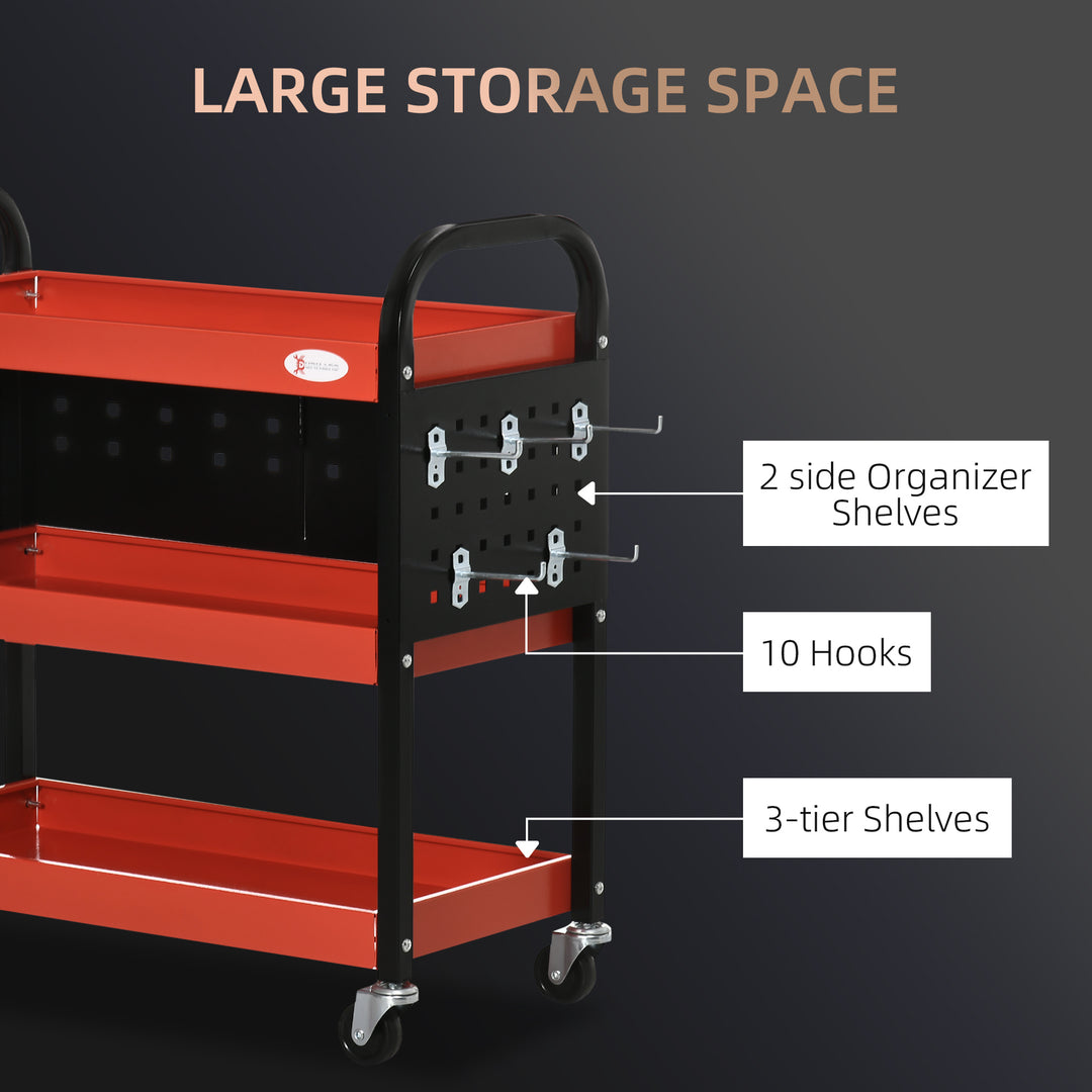 DURHAND 3 Tier Shelf Tool Cart Storage Trolley Wheel Cart for Garage Workshop Warehouse DIY Tool with 10 Hooks 100 kg Red
