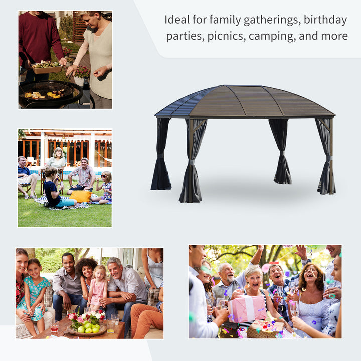 Outsunny 4 x 3(m) Patio Aluminium Gazebo Hardtop Metal Roof Canopy Party Tent Garden Outdoor Shelter with Mesh Curtains &amp; Side Walls, Dark Grey