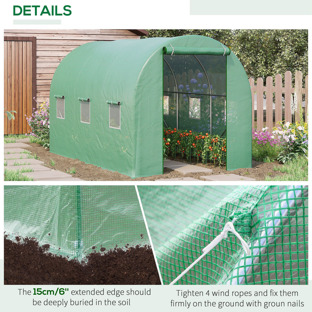 3.5 x 2 x 2 m Polytunnel Greenhouse, Walk in Pollytunnel Tent with Steel Frame, PE Cover, Roll Up Door and 6 Windows, Green