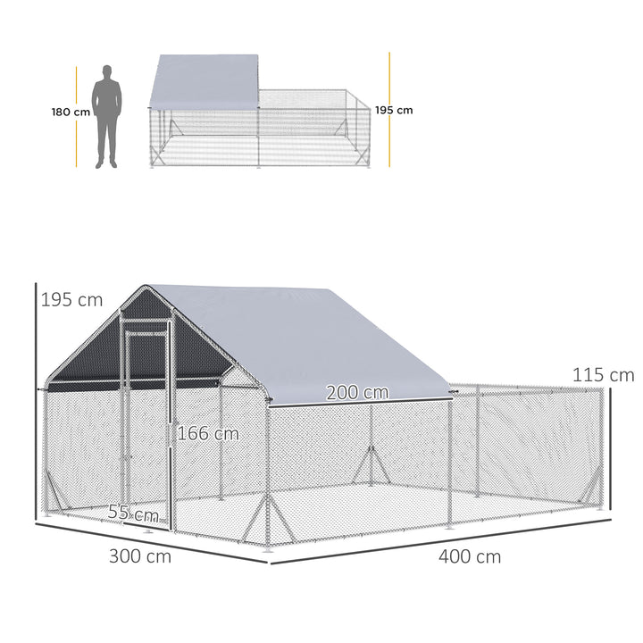 PawHut Walk In Chicken Run, Galvanized Chicken Coop Outdoor Hen House Poultry, Duck Rabbit Hutch for Backyard with Water, UV-Resist Cover, 4 x 3 x 2 m