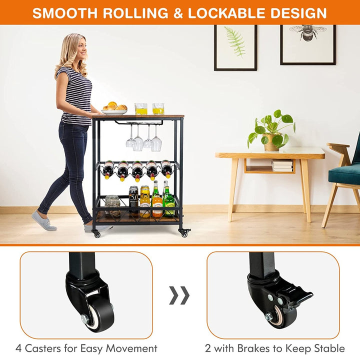 Portable Serving Trolley with 2 Glass Holders and Wine Rack