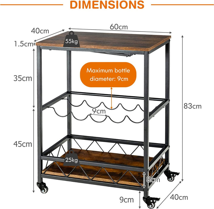 Portable Serving Trolley with 2 Glass Holders and Wine Rack