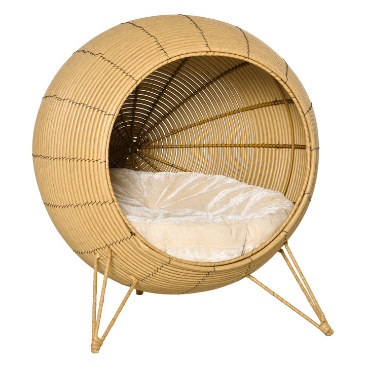 Wicker Cat Bed Elevated Rattan Kitten Basket Pet Den. House Cozy Cave with Soft Cushion Φ52 x 58cm Light Brown