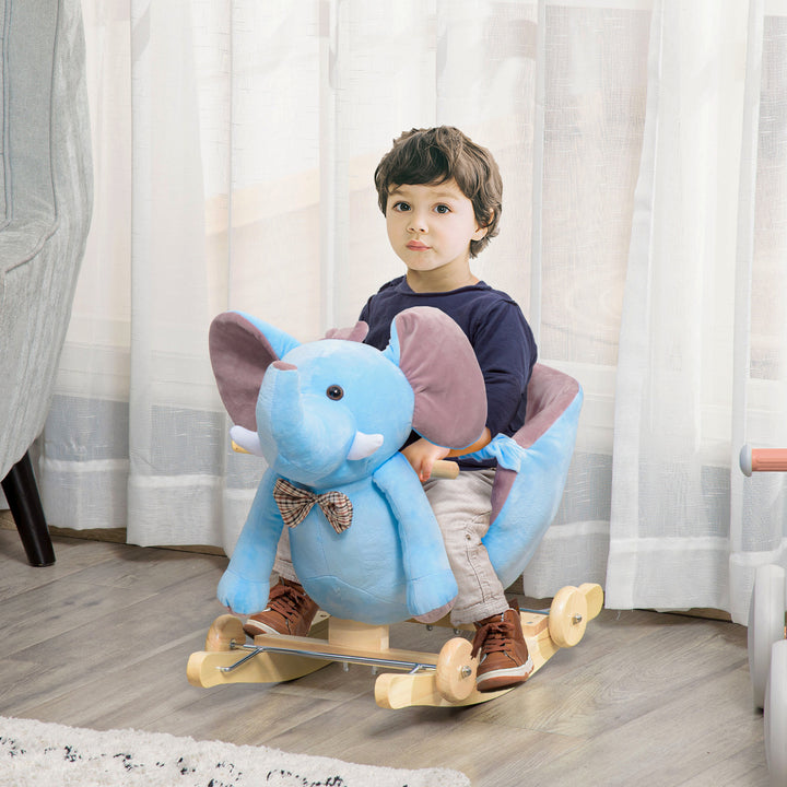 Plush Baby Ride on Rocking Horse Elephant Rocker with Wheels Wooden Toy for Kids 32 Songs (Blue)