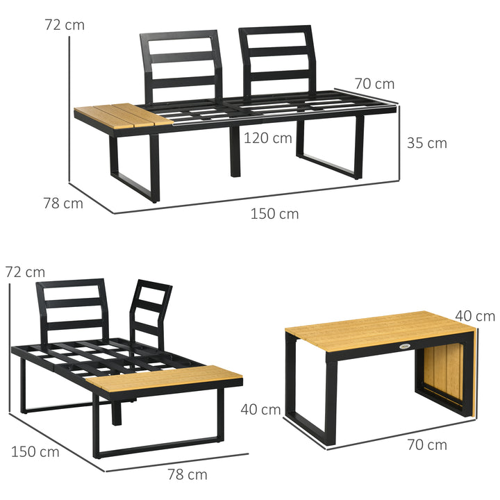 4-Seater Garden Sofa Set Patio Conversation Set w/ Padded Cushions, Wood Grain Plastic Top Table and Side Panel, Dark Grey