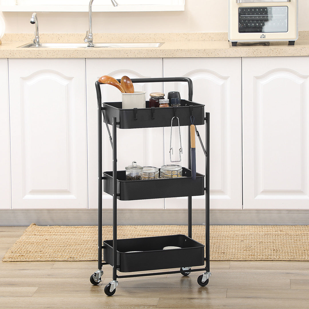 3 Tier Storage Trolley Cart, Foldable Rolling Utility Cart with 3 Mesh Baskets, 4 Removable Hooks for Living Room, Laundry and Kitchen, Black