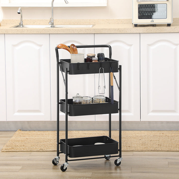 3 Tier Storage Trolley Cart, Foldable Rolling Utility Cart with 3 Mesh Baskets, 4 Removable Hooks for Living Room, Laundry and Kitchen, Black