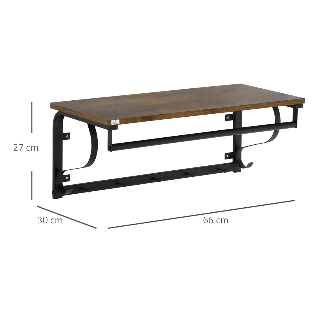 Floating Shelf with Hooks and Hanging Rod, Wall Mounted Shelf - Brown