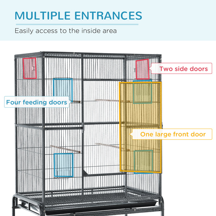 PawHut Bird Cage Metal Canary Cages for Parakeet with Detachable Rolling Stand, Storage Shelf, Wood Perch, Food Container