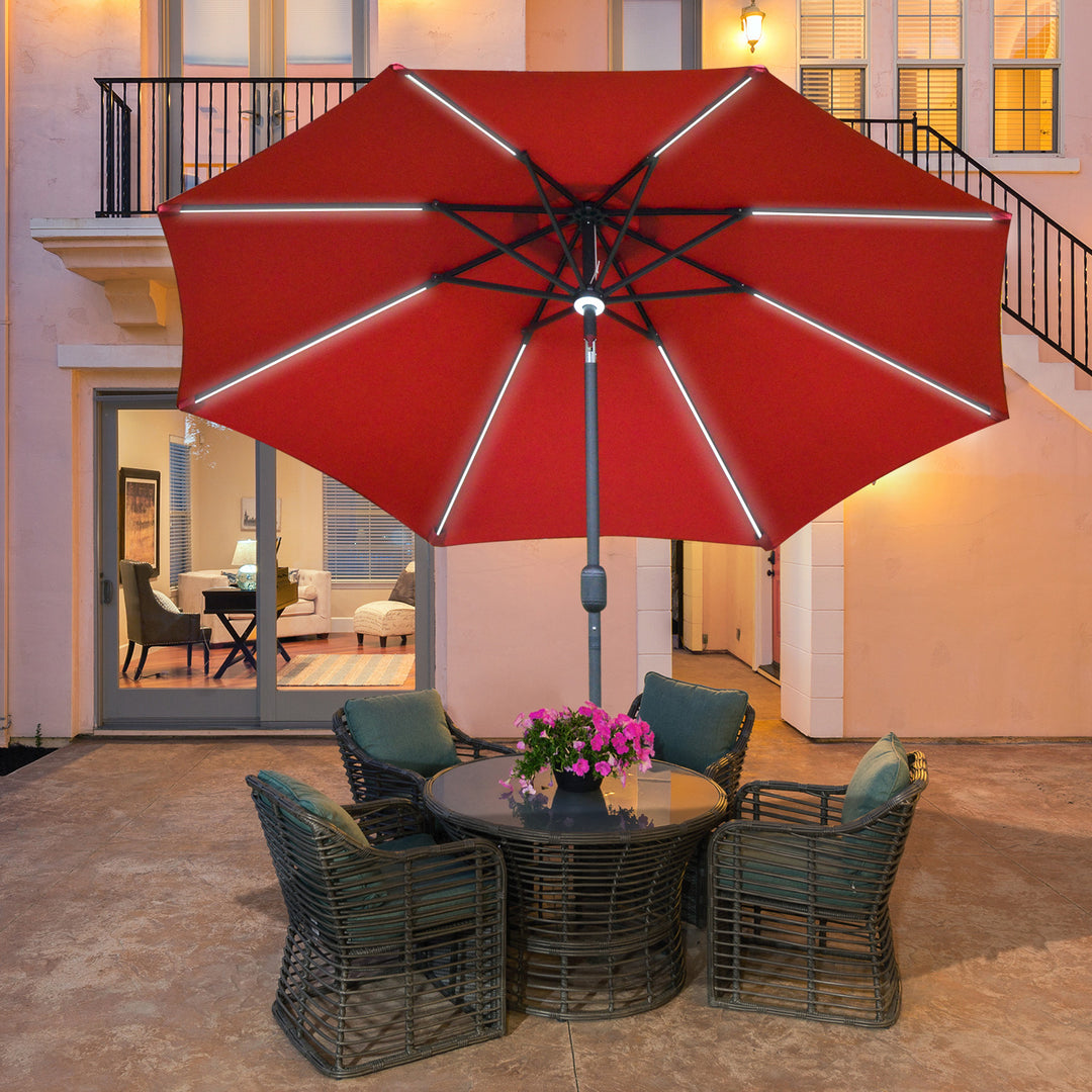 Outsunny 2.7m Garden Parasol Sun Umbrella Patio Summer Shelter w/ LED Solar Light, Angled Canopy, Vent, Crank Tilt, Red