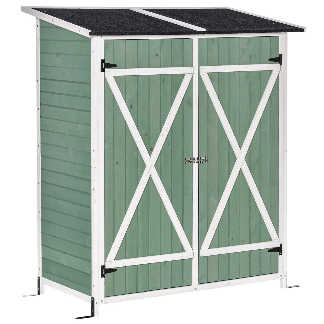 Outsunny Wooden Garden Storage Shed Multifunction Lockable Tool Cabinet Organizer w/ Table, Hooks and Ground Nails, 139 x 75 x 160 cm
