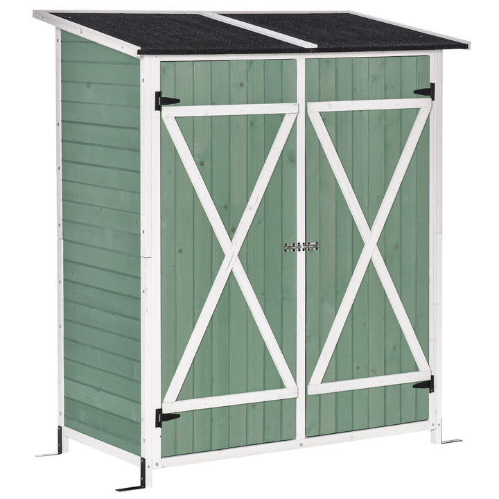Outsunny Wooden Garden Storage Shed Multifunction Lockable Tool Cabinet Organizer w/ Table, Hooks and Ground Nails, 139 x 75 x 160 cm