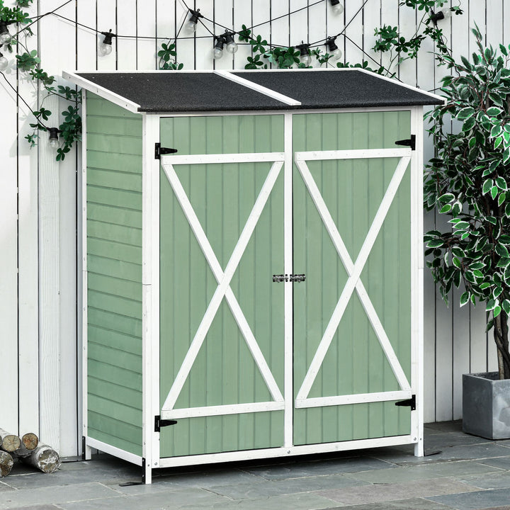 Outsunny Wooden Garden Storage Shed Multifunction Lockable Tool Cabinet Organizer w/ Table, Hooks and Ground Nails, 139 x 75 x 160 cm