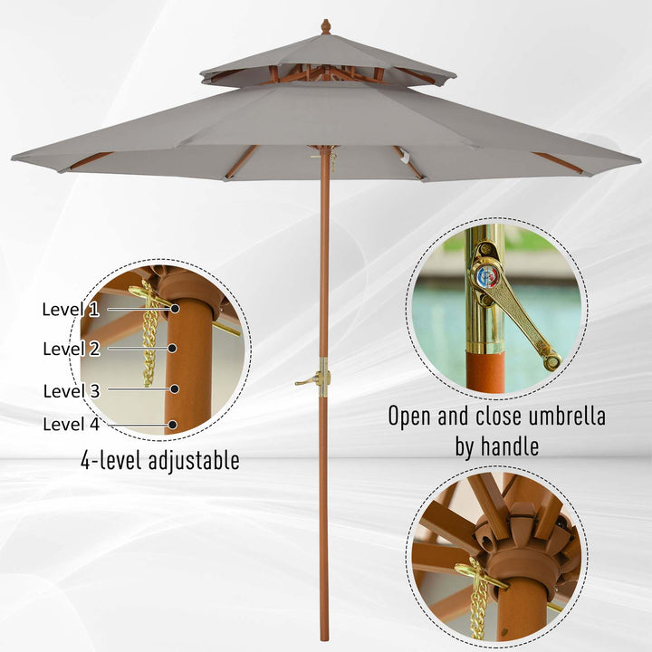 Outsunny 2.7 m Double Tier Outdoor Patio Garden Sun Umbrella Sunshade Wooden Parasol Grey Shade Canopy