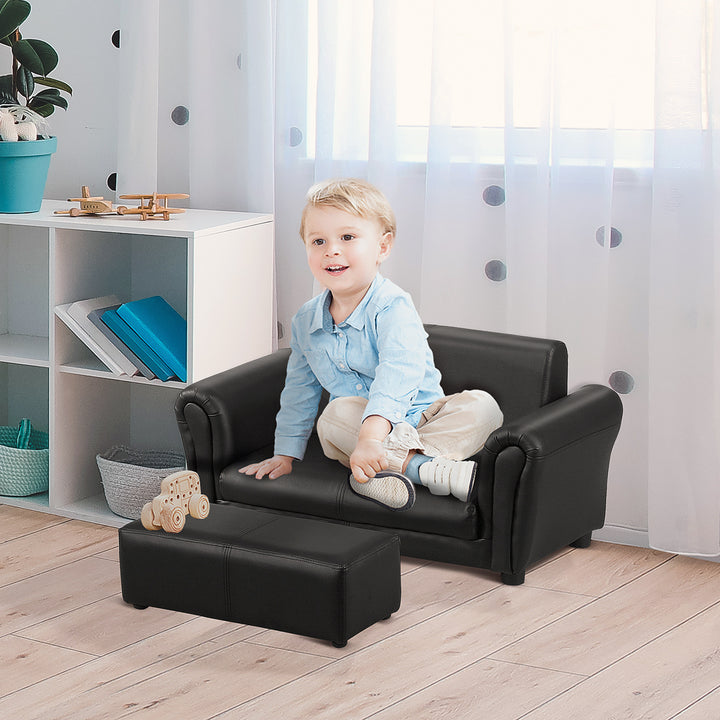 2 Seater Toddler Chair Kids Twin Sofa Childrens Double Seat Chair Furniture Armchair Boys Girls Couch w/ Footstool (Black)