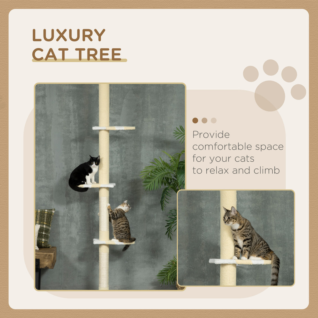 PawHut 260cm Floor to Ceiling Cat Tree, Height Adjustable Kitten Tower with Anti-slip Kit, Multi-Layer Activity Center w/ Scratching Post Ball Yellow