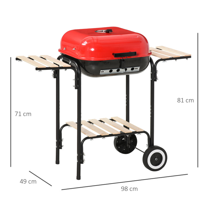 Charcoal Grill Trolley Charcoal BBQ Barbecue Patio Camping Picnic Garden Party Outdoor Cooking with Lid Wheels Side Trays and Storage Shelf