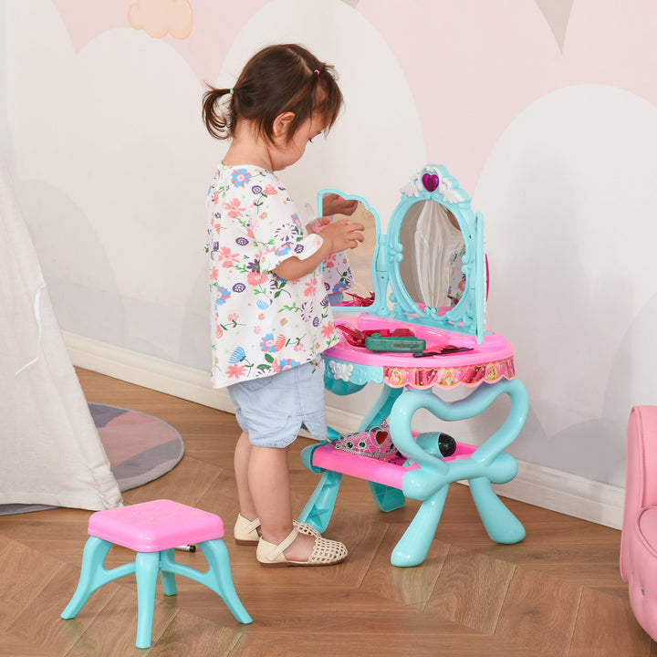 32 PCS Kids Vanity Dressing Table Play Set, Beauty Kit Pretend Toy w/ Magic Glamour Princess Mirror Hair Dryer Make Up Desk Stool, Blue+Pink