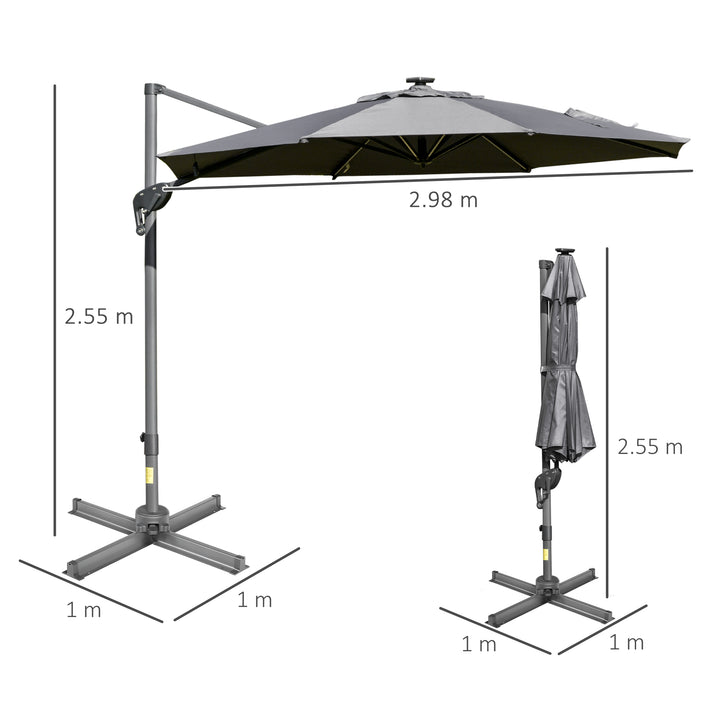 Outsunny 3m Cantilever Roma Parasol Adjustable Garden Sun Umbrella with LED Solar Light Cross Base Rotating Outdoor- Grey
