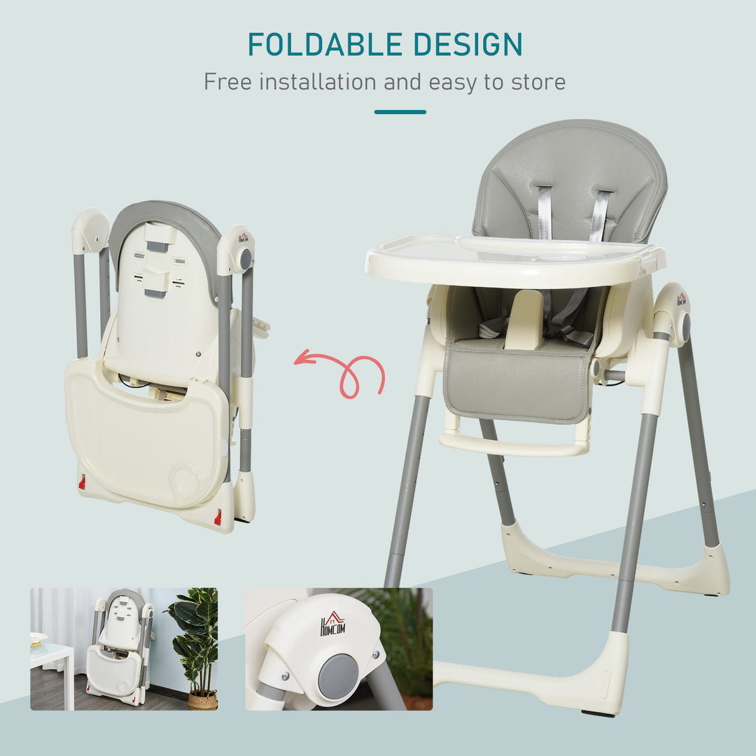 Foldable Baby High Chair Convertible to Toddler Chair Height Adjustable with Removable Tray 5-Point Harness Mobile with Wheels Grey